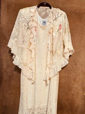 R&M Richards Cream Lace Dress with Floral Sheer Capelet